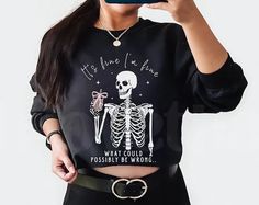 Im Fine Everything Is Fine Sweatshirt Skeleton Coffee Anxiety Sweatshirt Its Fine Im Fine Everything Is Fine Ironic Shirt Meme Shirt Trending Sweatshirts, Sweatshirt Sayings, Skeleton Coffee, Trendy Shirt Designs, Manitoba Canada, Trendy Hoodies, Funny Sweaters