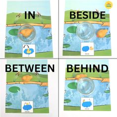 four different pictures with the words in beside and behind them, including an image of a fish