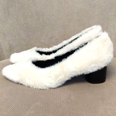 Topshop Faux Fur Heels Nwot Fun Shoe For Holidays Or Whatever! White/Black White Closed Toe Heels For Winter, Winter White Heels Medium Width, White Medium Width Heels For Winter, Winter Cream Block Heel Shoes, Winter Cream Block Heel Heels, Cream Block Heel Shoes For Winter, Cream Block Heel Winter Heels, Faux Fur Heels, Fur Heels