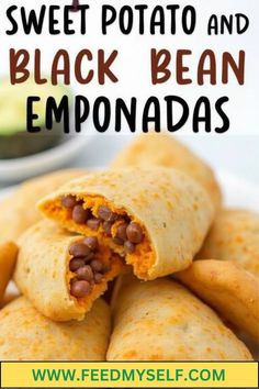 sweet potato and black bean empanadas on a plate with text overlay