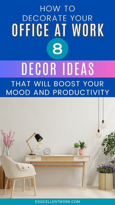 If you’re given your own space at work (or maybe you work from home), you might want to decorate it. But there’s one dilemma: you don’t have an eye for office decor and design. 

Good news! I’m going to teach you how to decorate your office at work. I’ll give you 8 decor ideas for your desk or overall office space. These designs are sure to boost your mood and productivity.

#officeinspiration #workdecor #productivityboost #officedecorideas #workplacewellness #officevibes Decorate Your Office At Work, How To Decorate Your Office At Work, Decorating Your Office At Work, Creative Office Decor, Office At Work, Office Space Decor, Working 9 To 5, Workplace Wellness