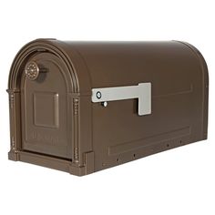 a large brown mailbox with a white door and handle on the outside of it