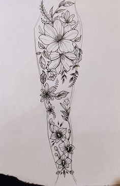 a drawing of a vase with flowers and leaves on the bottom half of its body