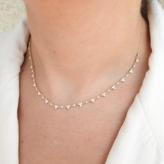 Elevate your style with our Trio Diamond Necklace, a timeless addition to any necklace stack. Handcrafted in solid 18k gold, this dainty set features three delicate diamond pendants linked by a sleek gold chain. Perfectly layered for a sophisticated look, this handmade piece blends classic, nature-inspired elegance with a minimalist, modern touch. Diamond Specifications: *Type: Natural, Genuine Diamonds (Ethically Mined) *Color: D-F (whitest level of white Diamonds) *Clarity: VS/VVS (Microscopic Sleek Diamond Necklace, Dainty Gold Plated Diamond Necklace For Wedding, Dainty Gold Plated Diamond Necklace, Dainty Gold Plated Diamond Necklace For Anniversary, Delicate Diamond Necklace With Accents, Fine Jewelry Diamond Necklace With Delicate Chain For Anniversary, Delicate 14k Gold Diamond Necklace For Anniversary, Anniversary Diamond Necklace With Delicate Chain, Dainty Yellow Gold Diamond Necklace