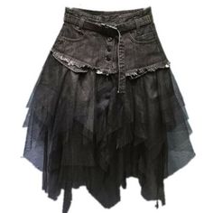 Women Denim Mesh Splice Skirt High Waist Asymmetric Frill Tulle Gothic skirt Skull Skirts, Ragged Skirt, Stile Punk Rock, Underground Style, Ropa Upcycling, Gothic Skirt, Gothic Chic, Gothic Skirts, Chic Skirts