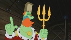 a cartoon character holding a large golden sception and giving the thumbs up sign