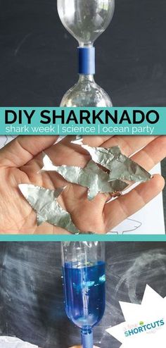 a person holding up a bottle with blue liquid in it and the words diy sharknado written on it