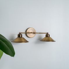 two lights on the wall next to a potted plant