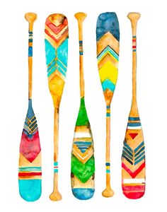 four wooden paddles painted in different colors and patterns, each with an individual's own design