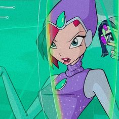 an animated image of a woman with purple hair and green eyes standing in front of a mirror