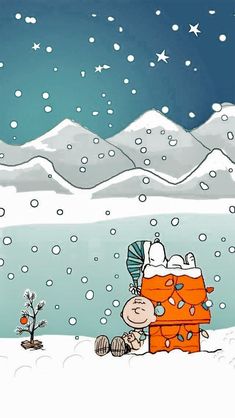 a charlie brown christmas card with snow falling on the ground