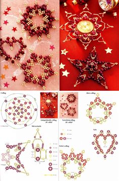 the instructions for beading are shown in red, white and gold beads with stars on them