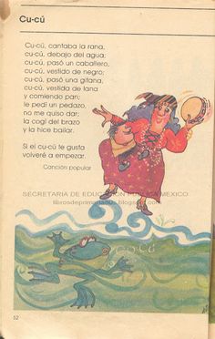 an old spanish children's book with pictures of people in the water and frog