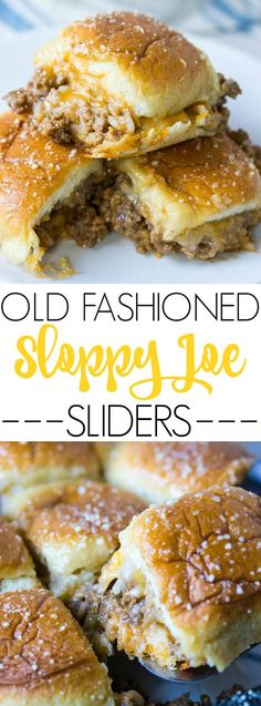 old fashioned sloppy joe sliders on a plate with text overlay that reads old fashioned sloppy joe sliders