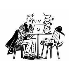 a black and white drawing of a man sitting at a table working on his laptop