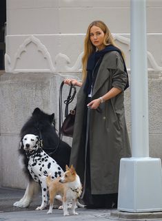 a woman is walking two dogs on the street while another dog stands next to her