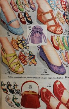 Remember ladies to match you shoes to your purse (1952) Vintage Summer Shoes, 1950s Womens Shoes, Lana Lobell, 1950s Summer, 50's Fashion, Vintage Style Shoes