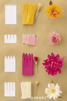 paper flowers and combs laid out on a table