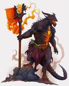 an illustration of a demon holding a flag and standing on top of a hill with flames