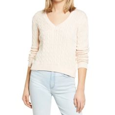 Brandy Melville V-Neck Cable Knit Sweater In White. A Classic V-Neck And Cable Knit Construction Give This Slouchy Sweater A Relaxed, Weekend Vibe. Keep It Easy Going In A Cozy Pullover Sweater. - Cotton Blend - V- Neckline - Long Sleeves - Pullover Style - This Knit Material Offers A Moderate Stretch - One Size (Xs-M In My Opinion) Spring Cable Knit V-neck Sweater, Chic V-neck Sweater With Pointelle Knit, Fitted V-neck Cable Knit Top, Winter V-neck Sweater With Pointelle Knit, Chic Knitted V-neck Sweater, V-neck Cable Knit Sweater For Spring, Cozy V-neck Cardigan With Pointelle Knit, Cozy V-neck Pointelle Knit Cardigan, Fitted Soft Knit Casual V-neck Sweater