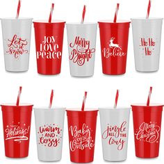 six red and white cups with straws in them, all saying merry little christmas