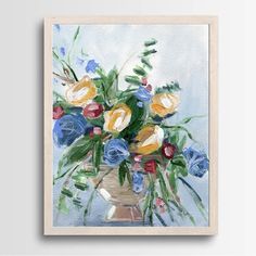 a painting of flowers in a vase on a white wall above a wooden framed art piece