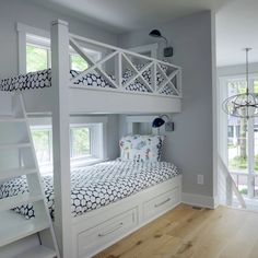 a bunk bed with drawers underneath it in a room that has hardwood floors and white walls