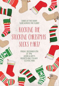 a christmas party flyer with stockings and socks on it's side, in the shape of a circle