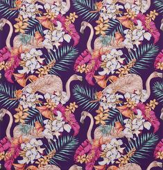 a purple background with flamingos and tropical flowers