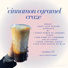 a hand holding up a drink with the words cinnamon caramel craze