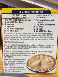 a recipe for lemon meringue pie with instructions on the front and back side