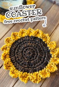 a crochet sunflower coaster is shown with the text, sunflower coaster free crochet pattern