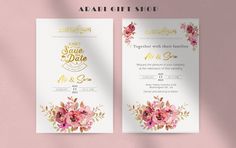 two wedding cards with gold foil and pink flowers