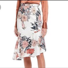 Marie Is Her Name. She’s A Floral Drapey Satin Twill Flounce Hem Skirt. High-Low. Gorgeous Florals At A Display. She Has A Concealed Zipper Back With Closure. Polyester As A Shell. Lining Is 96% Polyester And 4% Elastane. She’s Lined. Approx: Waist 36” Length Low Side 26”, High Side 29” White Floral Print Asymmetrical Skirt, White Asymmetrical Floral Print Skirt, Feminine Asymmetrical Floral Print Skirt, White Asymmetrical Skirt With Floral Print, Fitted Floral Print Asymmetrical Skirt, Fitted Asymmetrical Floral Print Skirt, Fitted Asymmetrical Skirt With Floral Print, Feminine Floral Print Pencil Skirt, White Floral Print Pencil Skirt