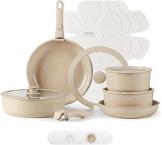 an assortment of kitchenware including pots and pans