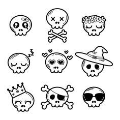 skull and crossbones with hats on them, all in black and white colors