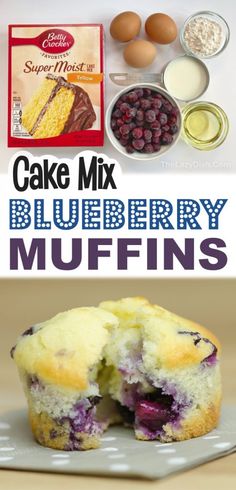 cake mix blueberry muffins on a plate with the title in the middle