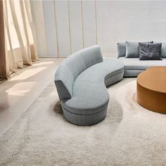 a living room filled with lots of furniture on top of a white carpeted floor