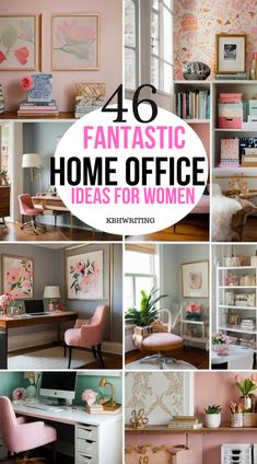 pink and white home office with lots of pictures on the wall, desks and chairs