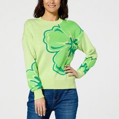 Jaclyn Smith Oversized Flower Pullover Sweater  Spring forward wearing this gorgeous floral sweater knit pullover as a complement to your favorite denim pieces. Spring Forward, Jaclyn Smith, Floral Sweater, Spring Sweater, Knit Pullover, Affordable Clothes, Sweater Knit, Knitted Pullover, Beautiful Fabric