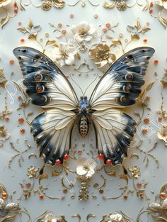 a blue and white butterfly sitting on top of a flowery wallpaper covered in gold flowers