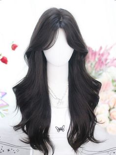 Cute Curtain Bangs Long Hair, Curtain Layered Hair, Cute Hair Inspo For Long Hair, Long Black Curtain Bangs, Wavy Long Bangs, Wig Hairstyles Synthetic, Long Waves Haircut, Bangs Styles For Long Hair, Cute Bangs Ideas