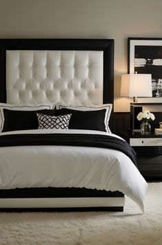 a white and black bed with pillows, lamps and pictures on the wall behind it