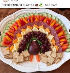 a turkey shaped platter with crackers and fruit