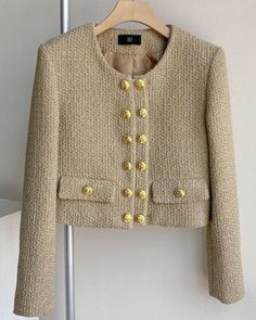 Shop Our Beautiful Khaki Tweed Gold Button Jacket Couture Style Jacket. Features Gold Button Hardware on Jacket & Sleeves Dual Front Pockets Cotton/Polyester/Double Lined. Fast, Worldwide Shipping Blazer Gold Buttons Outfit, Tweed Fashion Women, Tweed Fashion, Chanel Style Jacket, Chanel Tweed Jacket, Jacket Sleeves, Womens Tweed Jacket, Dressy Jackets, Couture Style