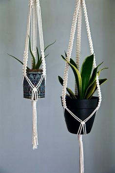 two hanging planters with plants in them