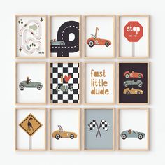 a set of nine framed pictures with cars and road signs on them, all in different shapes and sizes