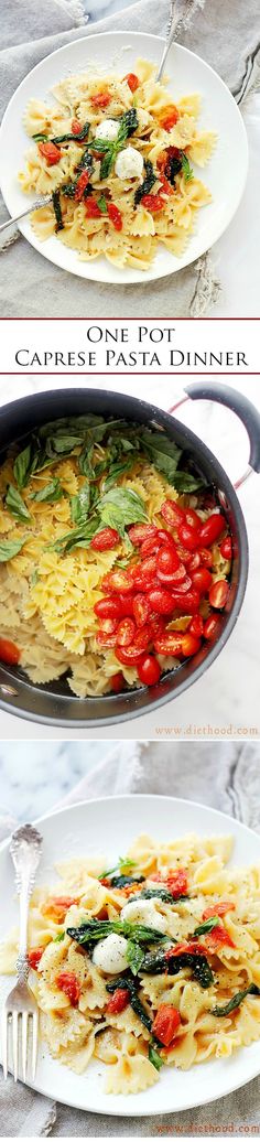 two plates with different types of pasta and vegetables on them, one is being cooked