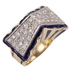 Magnificent Diamond and Blue Enamel Gable Cocktail Ring, Beautifully hand crafted in 18 Karat yellow Gold. Set with 36 diamonds x 0.08ct each; approx. 2.88 total carat weight. Marked: 18KT Size 7.5. More Beautiful in real time! Add Timeless Pizzazz to any Outfit! Estate Jewelry For Sale, Antique Jewellery Online, White Gold Diamond Earrings, Vintage Cocktail Ring, Antique Diamond Rings, Platinum Diamond Rings, Jewelry For Sale, Gold Cocktail Ring, Pendant Watches