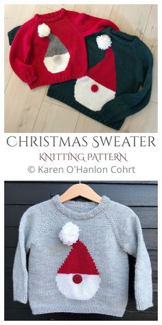 two knitted sweaters with santa hats on them